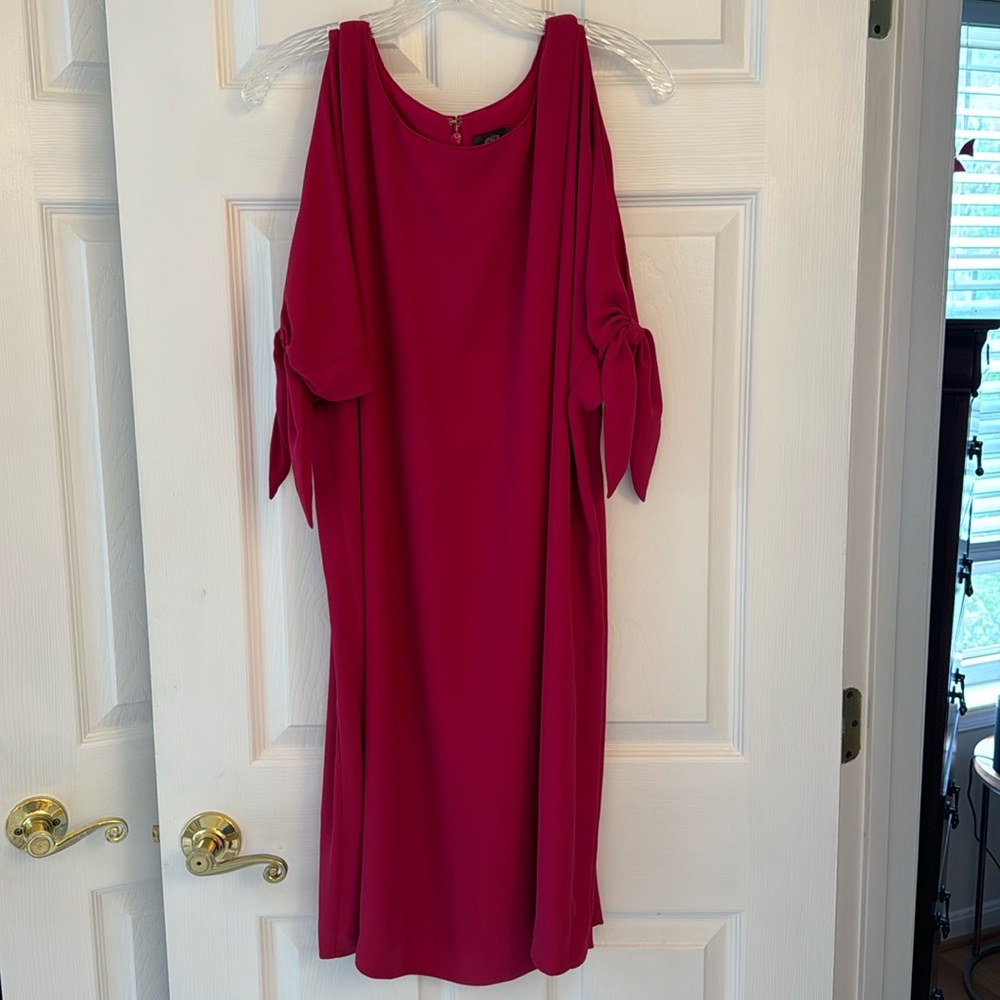 Hot pink midi cold shoulder shift dress.